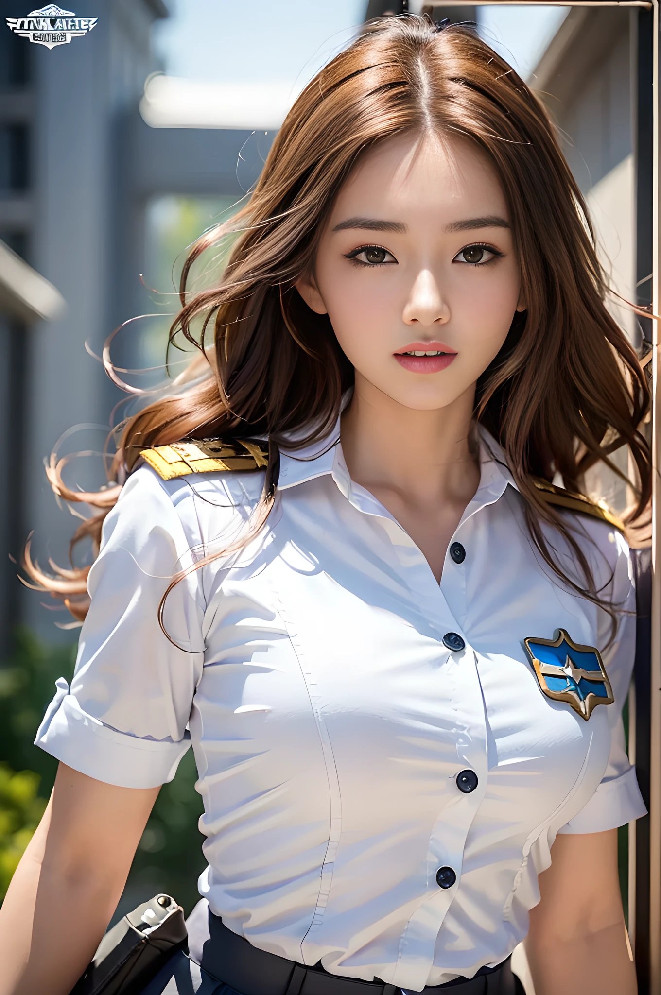 (Best quality, 8k, 32k, Masterpiece, UHD:1.2), (realistic:1.5), (masterpiece, Extremely detailed CG unity 8k wallpaper, best quality, highres:1.2), (ultra detailed, UHD:1.2), Photo of extremely cute and beautiful Japanese woman, (chestnut long wavy hair:1.2), adult, (detailed beautiful girl:1.4), best quality, woman, adult, (detailed US air-force pilot captain uniform:1.3), (white pilot captain shirt:1.3), (black high-waist shorts:1.3), (Beautiful night US air force base view background:1.2), embarrassed laughing:1, looking at viewer, facing the viewer, ((perfect female body)), (narrow waist:1.2), (upper body image:1.3), slender, abs, (large breasted:1.25), frame the head, wind, dynamic pose, cinematic light, back light, detailed clothes, perfect anatomy, perfect proportion, detailed human body,