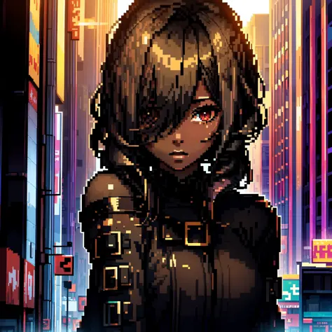"(a young woman:1.2) | (a girl:1.1), black skin, portrait, makeup, ultra detailed, city, direct look, pixel art