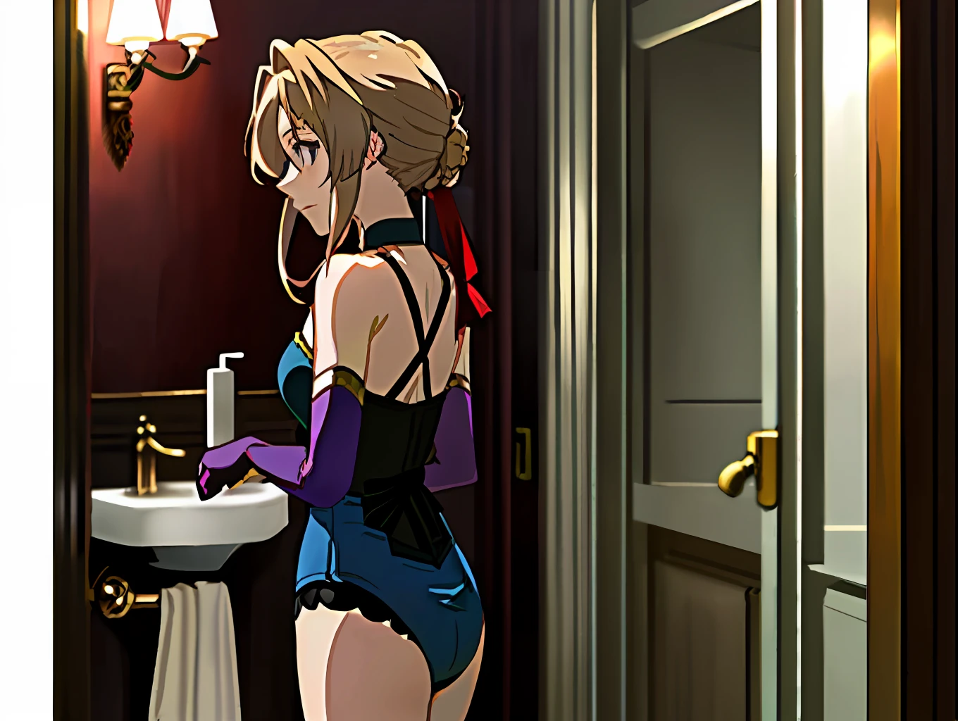 (masterpiece, best quality),1girl , Violet evergarden, red ribbon, undressing, underwear, bathroom, elbow gloves