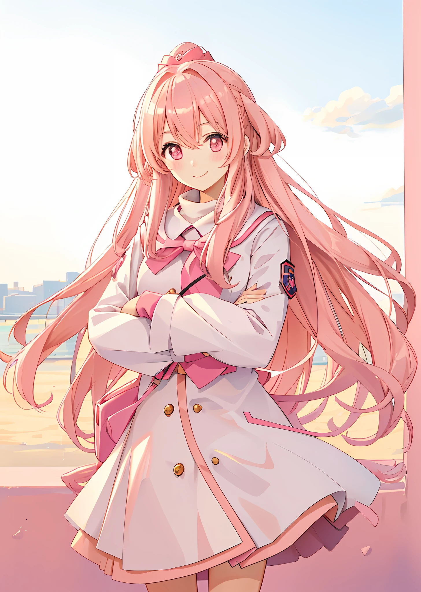 Anime girl with long pink hair standing in front of a window - SeaArt AI