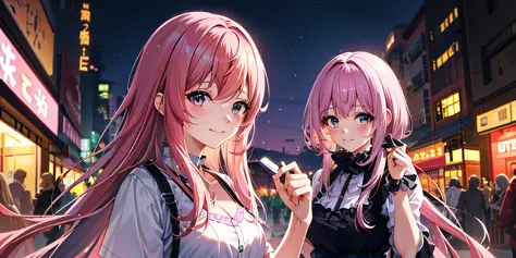 anime characters in a city at night with a street light, anime style 4 k, two beautiful anime girls, best anime 4k konachan wall...