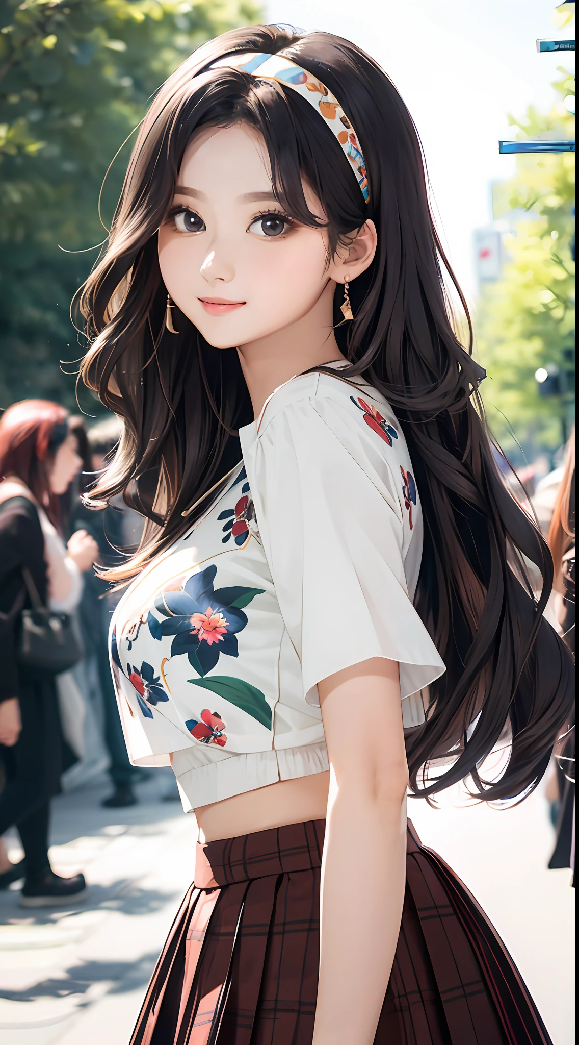 (masterpiece, best quality), beautiful woman, cute printed cropped shirt, pleated skirt, wavy hair, headband, asymmetrical bangs, perfect face, beautiful face, alluring, big gorgeous eyes, soft smile, perfect slim fit body, city streets, seoul, bright colors