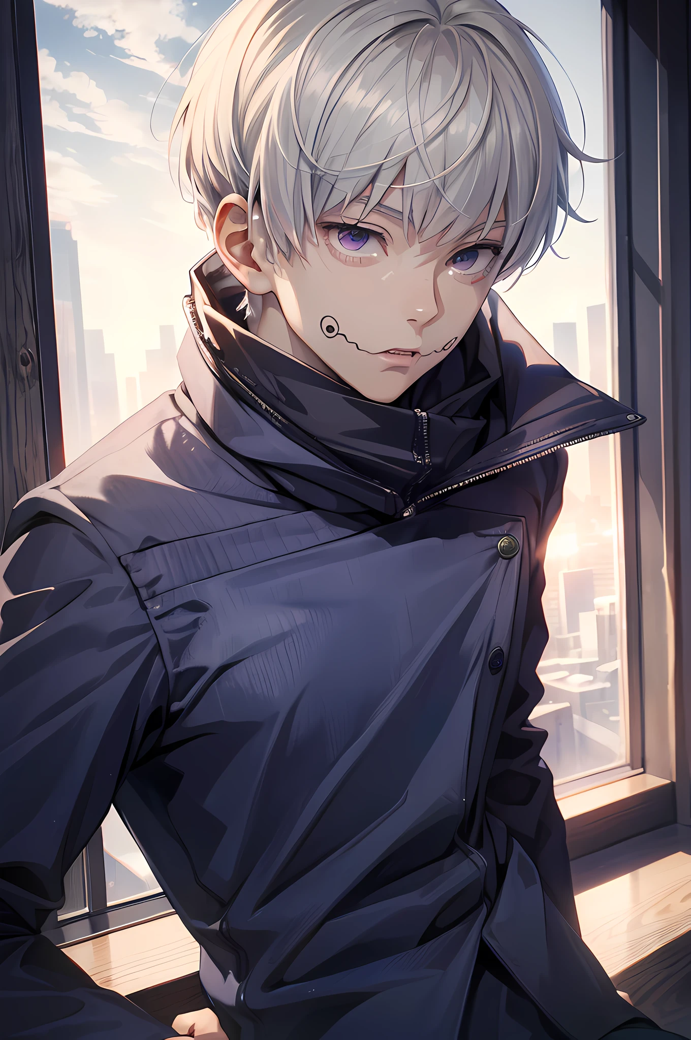 (absurdres, highres, ultra detailed, HDR), masterpiece, best quality, 1man, solo, handsome, short hair, inumaki toge, facial tattoo, white hair, black jacket, jeans, closed mouth,