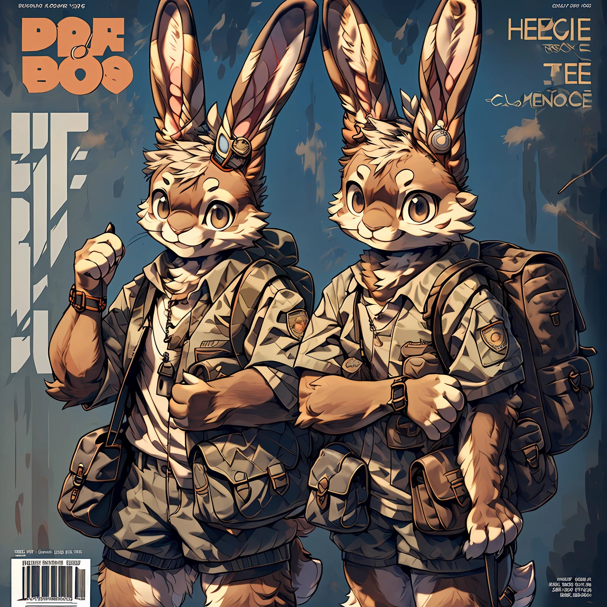 super fine illustration, best quality, magazine cover, upper body, contrapposto, backpack, badge, bag, bag charm, bookbag, handbag, pocket, pouch(Highly Detailed Beautiful Face and Eyes) absurdres, Perfect Anatomy((furry girl))(((furry)))(furry anthro:1.7)((rabbit Facial Features, rabbit Body Features))((rabbit ears, Highly Detailed Body Fur))joyful smile,