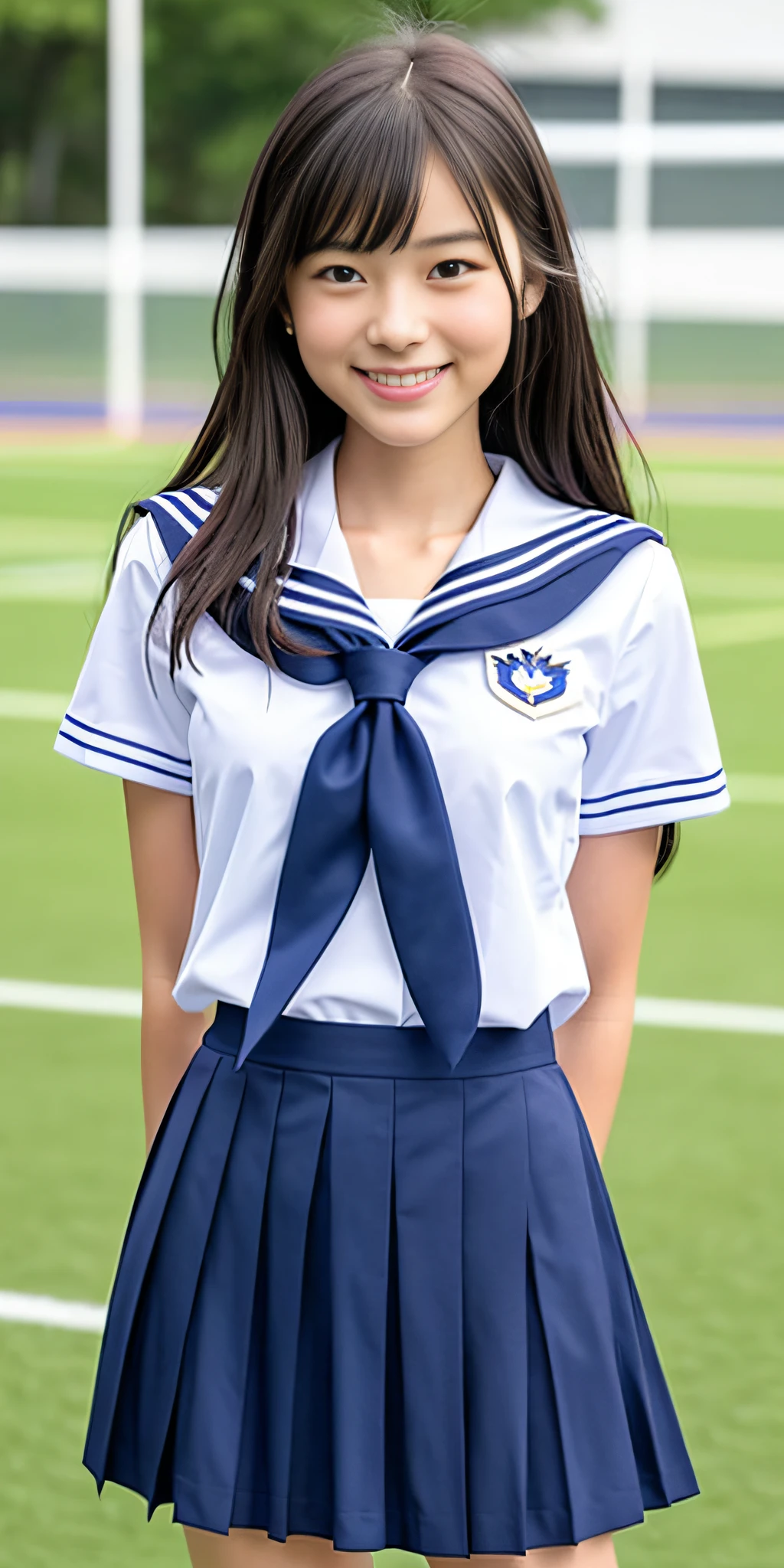 neat college girl, (school uniform, sailor uniform, ribbon tied at chest, summer uniform, upper body white, skirt is dark blue), outside the athletic field, (slim), photorealistic, detail, skin texture, ultra detail, delicate sexy collarbone, smile, super detailed face, detailed lips, detailed eyes, small breasts, small breasts, small, small, flat breasts, breast emphasis