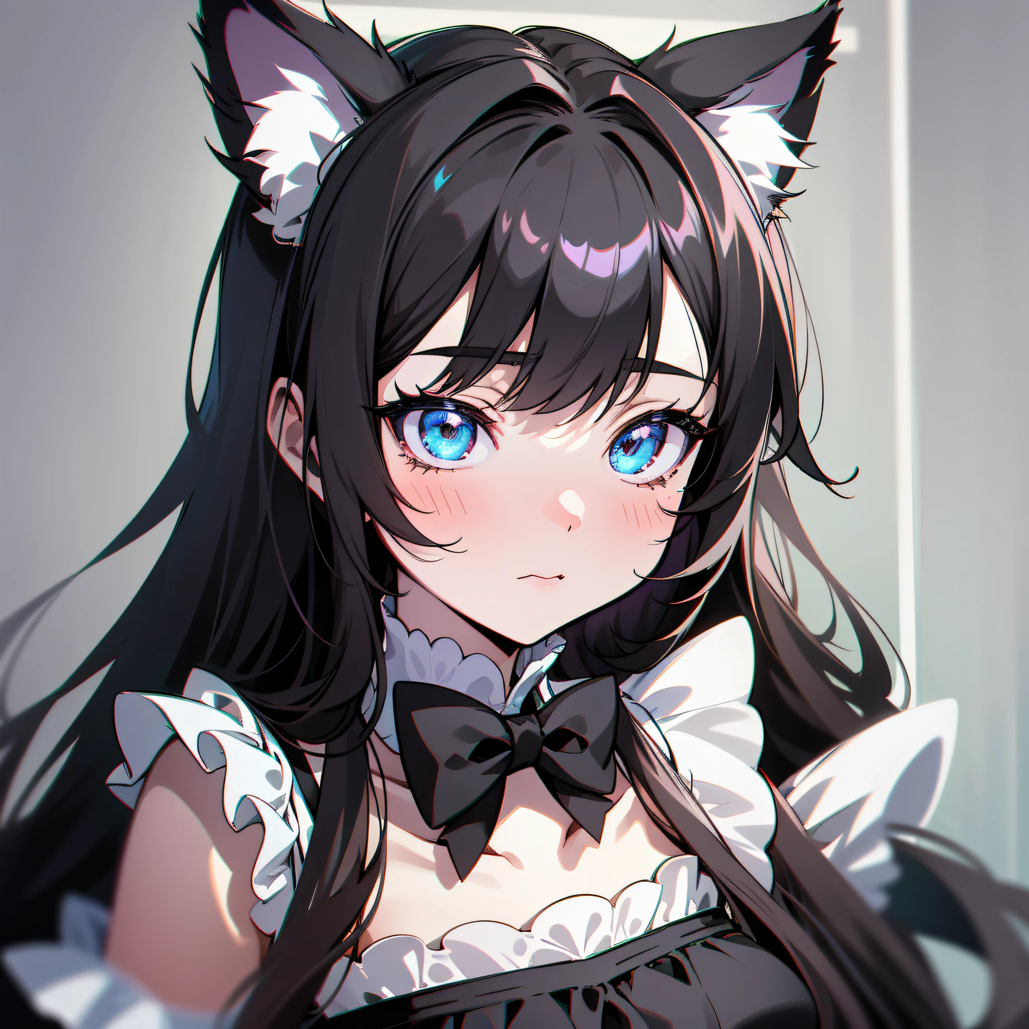 Anime girl with long black hair and blue eyes wearing a cat ears outfit -  SeaArt AI