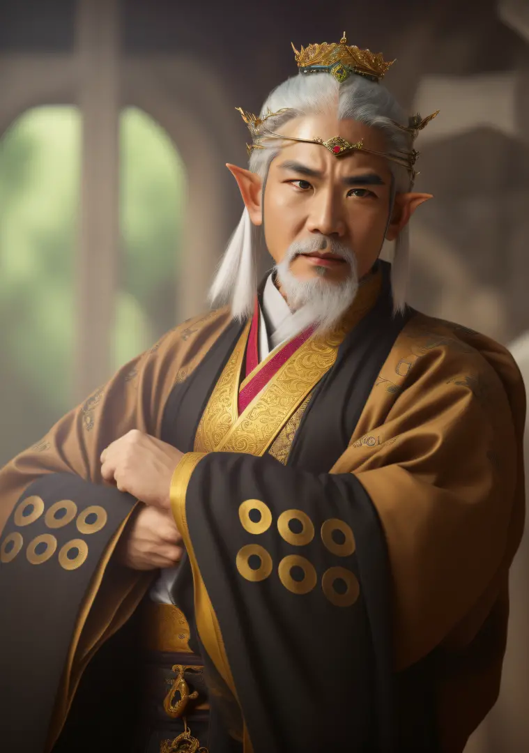 masterpiece, highest quality, (solo focus),, (high detail: 1.1),elf, man, chinese crown, 1guy,and white hair, solo green eyes, d...