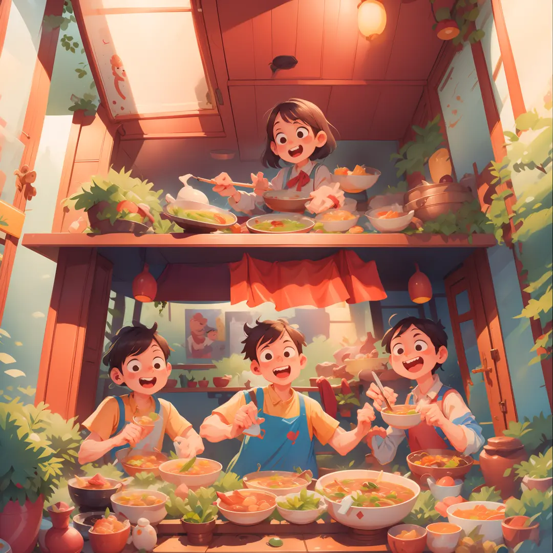 Eating together for two people at table, eating hot pot together, chicken soup hot pot, happy cartoon, hd illustration, exciting...