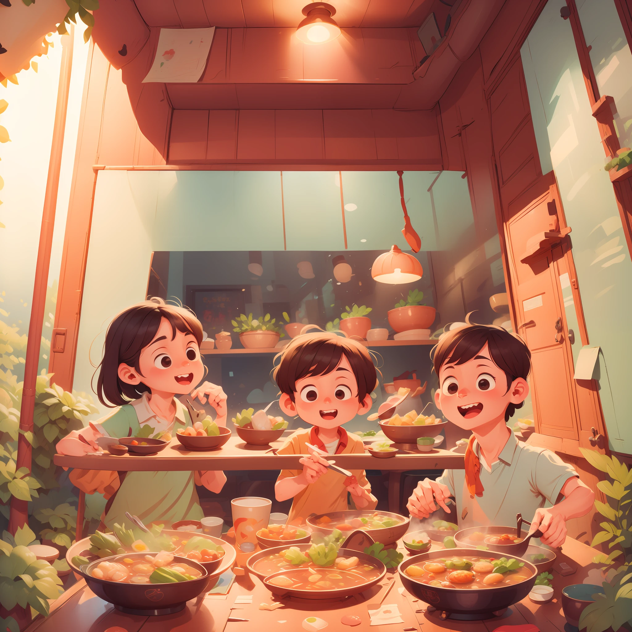 Eating together for two people at table, eating hot pot together, chicken soup hot pot, happy cartoon, hd illustration, exciting illustration, flat illustration, eating chicken, cartoon illustration, kids book illustration, dinner, cooking, detailed 2d illustration, commercial illustration, kids book illustration, full color illustration, 2d illustration