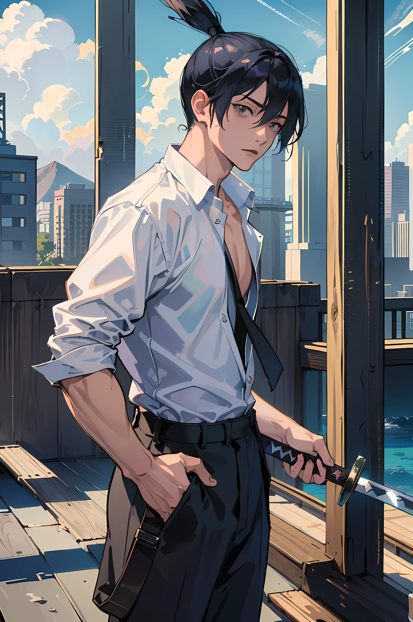 (absurdres, highres, ultra detailed, HDR), masterpiece, best quality, hayakawa aki, 1boy, solo, handsome, topknot, open shirt, pants, hold katana, ruined city, from side, look down, combat stance