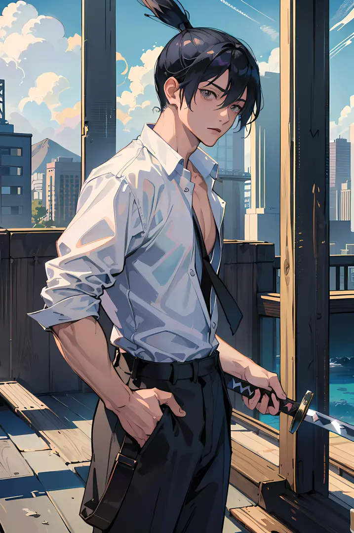 (absurdres, highres, ultra detailed, HDR), masterpiece, best quality, hayakawa aki, 1boy, solo, handsome, topknot, open shirt, p...