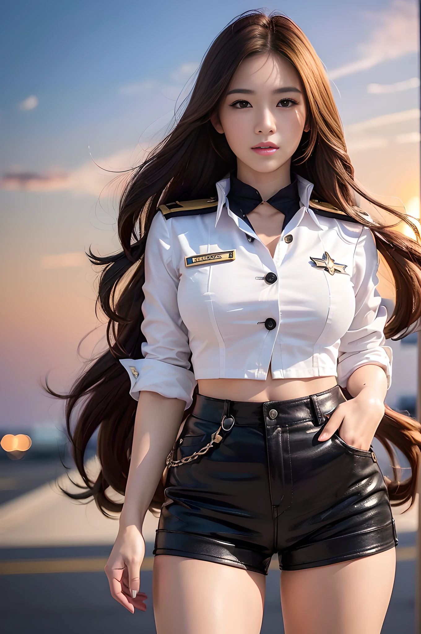 (Best quality, 8k, 32k, Masterpiece, UHD:1.2), (realistic:1.5), (masterpiece, Extremely detailed CG unity 8k wallpaper, best quality, highres:1.2), (ultra detailed, UHD:1.2), Photo of extremely cute and beautiful Japanese woman, (chestnut long wavy hair:1.2), adult, (detailed beautiful girl:1.4), best quality, woman, adult, (detailed US air-force pilot captain uniform:1.3), (white pilot captain shirt:1.3), (black high-waist shorts:1.3), (Beautiful sunset US air force base runway　view background:1.2), embarrassed laughing:1, looking at viewer, facing the viewer, ((perfect female body)), (narrow waist:1.2), (upper body image:1.3), slender, abs, (large breasted:1.25), frame the head, wind, dynamic pose, cinematic light, back light, detailed clothes, perfect anatomy, perfect proportion, detailed human body, stylish model pose,