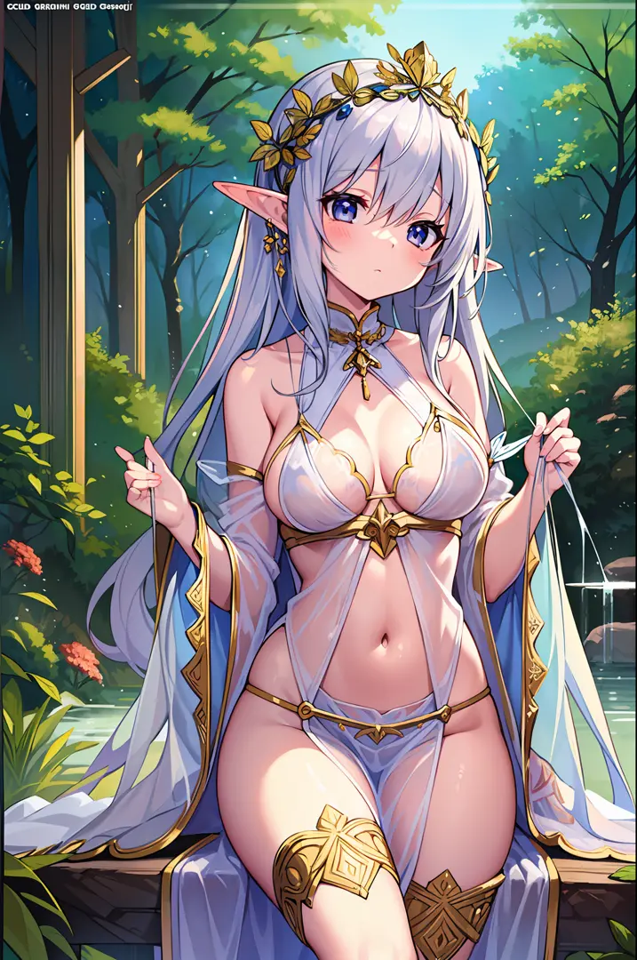 (MASTERPIECE), (Best Quality), (Ultra Detail), Official Art, One Girl, Silver-haired Loli, Petite Little Girl, Elf Loli, White and Gold See-Through Robe, Small Breasts, Cleavage, Off Shoulder, Underboob, Side Boob, Thigh Focus, Navel, Card Illustration, De...