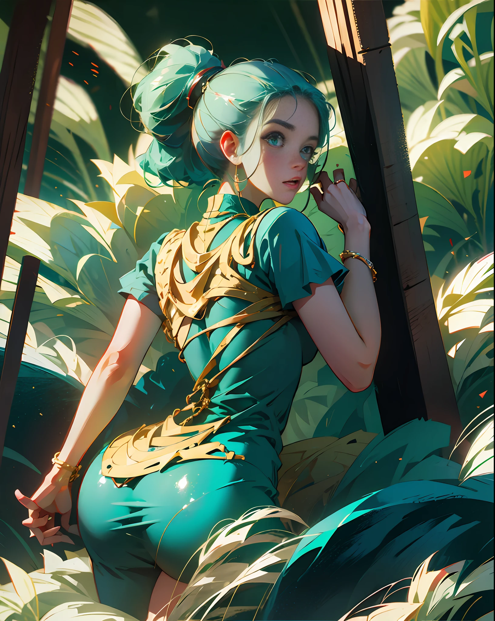 Anime - style image of a woman in a green outfit sitting in a jungle -  SeaArt AI