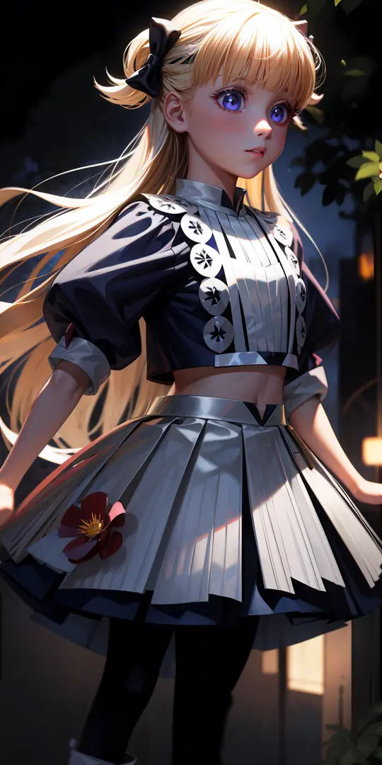 realistic, 1girl, white hair, glowing eyes, crop top, skirt, parted lips, blush, night, flowers, sun, sunlight,