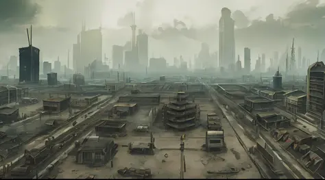 Gloomy, apocalyptic, mysterious, eerie, doomsday city, ruins, gunsmoke, top-down view,