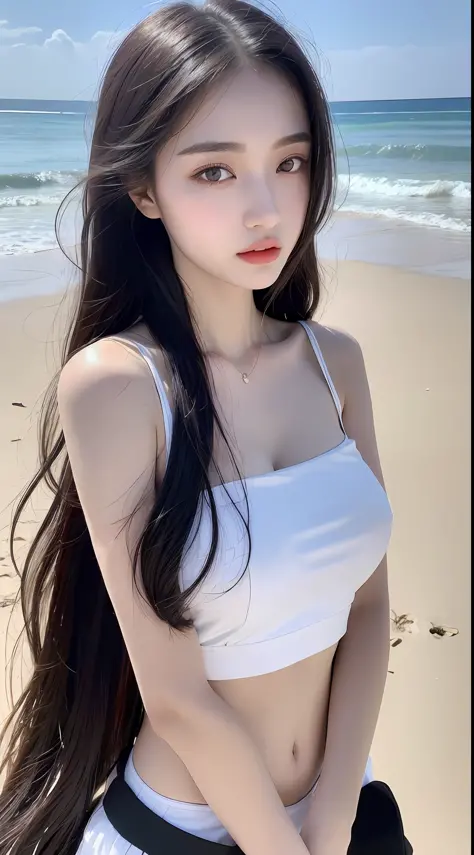 ((Best Quality, 8k, Masterpiece: 1.3)), 1 girl, full body, slim face, pretty woman, (black hair), super detailed face, detailed eyes, double eyelids, blurred background, slim face, seaside, outside, beach,