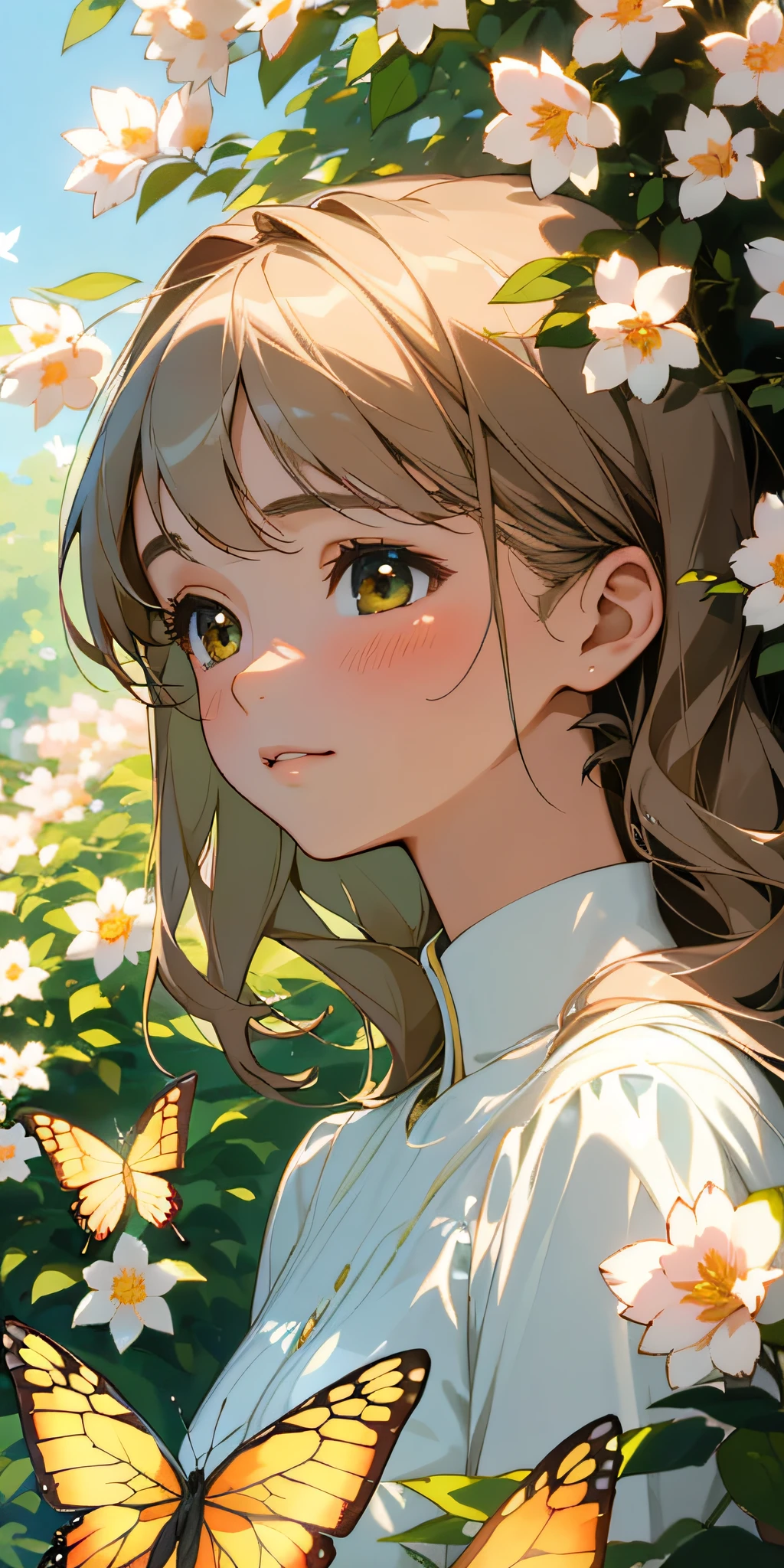 (best quality, masterpiece, ultra-realistic), portrait of 1 beautiful and delicate girl, with a soft and peaceful expression, the background scenery is a garden with flowering bushes and butterflies flying around.