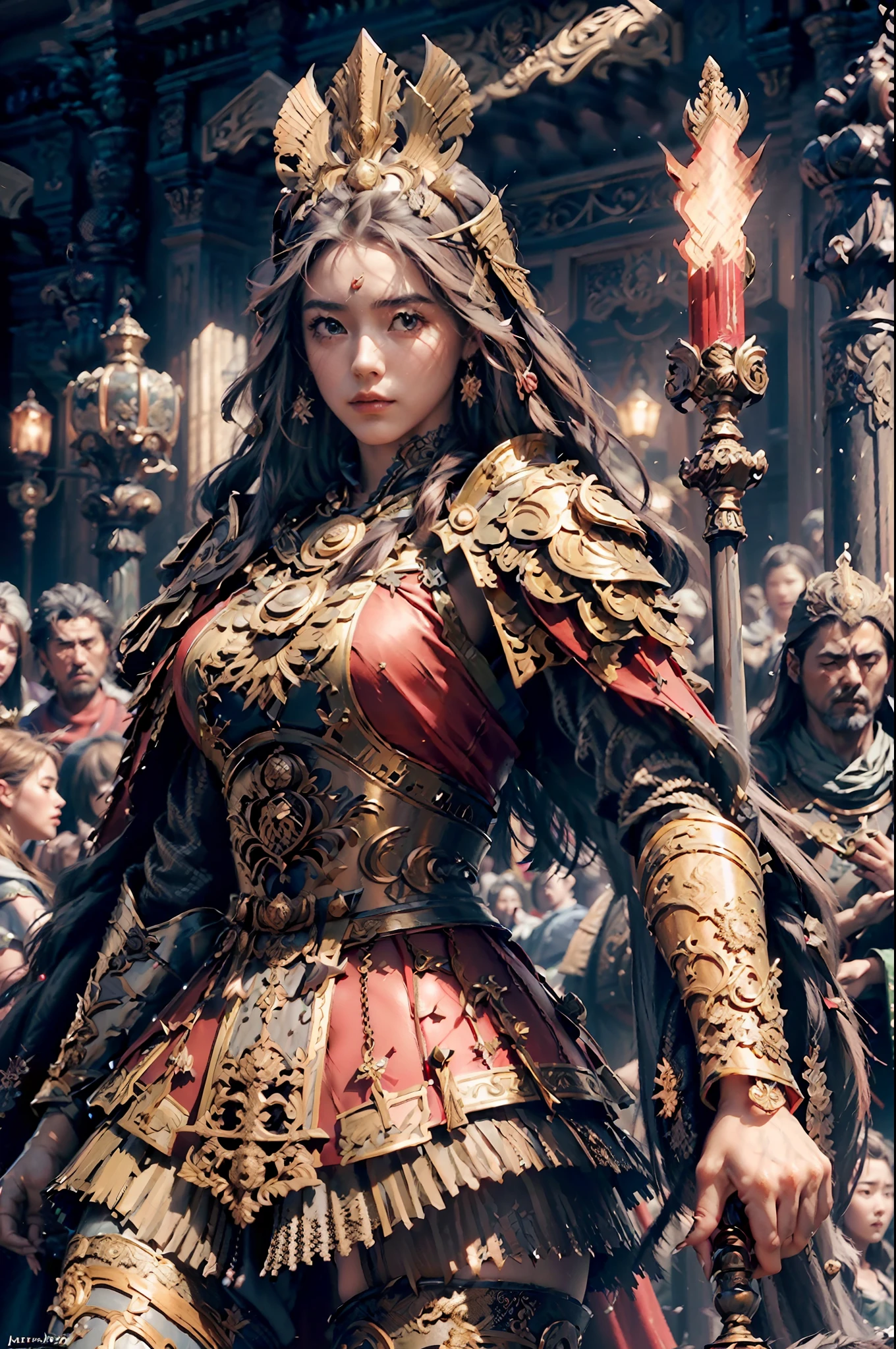 ((masterpiece))), (((best quality))), ((ultra-detailed)), (hyperrealistic), (highly detailed CG illustration), cinematic light, photorealistic ,extremely beautiful young lady, light makeup, big breast,  intricate detailed eaba, red cape, spear