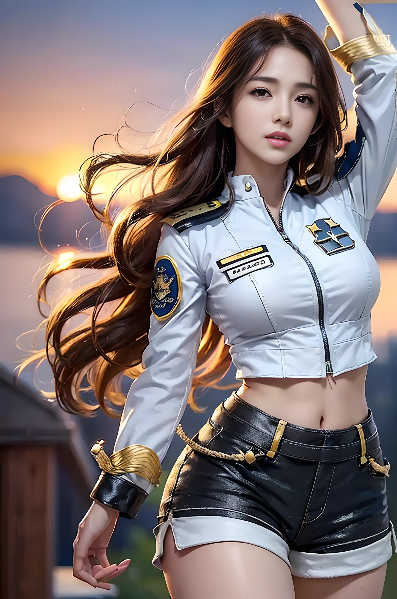 (Best quality, 8k, 32k, Masterpiece, UHD:1.2), (realistic:1.5), (masterpiece, Extremely detailed CG unity 8k wallpaper, best quality, highres:1.2), (ultra detailed, UHD:1.2), Photo of extremely cute and beautiful Japanese woman, (chestnut long wavy hair:1.2), adult, (detailed beautiful girl:1.4), best quality, woman, adult, (detailed US air-force pilot captain uniform:1.3), (white pilot captain shirt:1.3), (black high-waist shorts:1.3), (Beautiful sunset US air force base runway　view background:1.2), embarrassed laughing:1, looking at viewer, facing the viewer, ((perfect female body)), (narrow waist:1.2), (upper body image:1.3), slender, abs, (large breasted:1.25), frame the head, wind, dynamic pose, cinematic light, back light, detailed clothes, perfect anatomy, perfect proportion, detailed human body, stylish model pose,