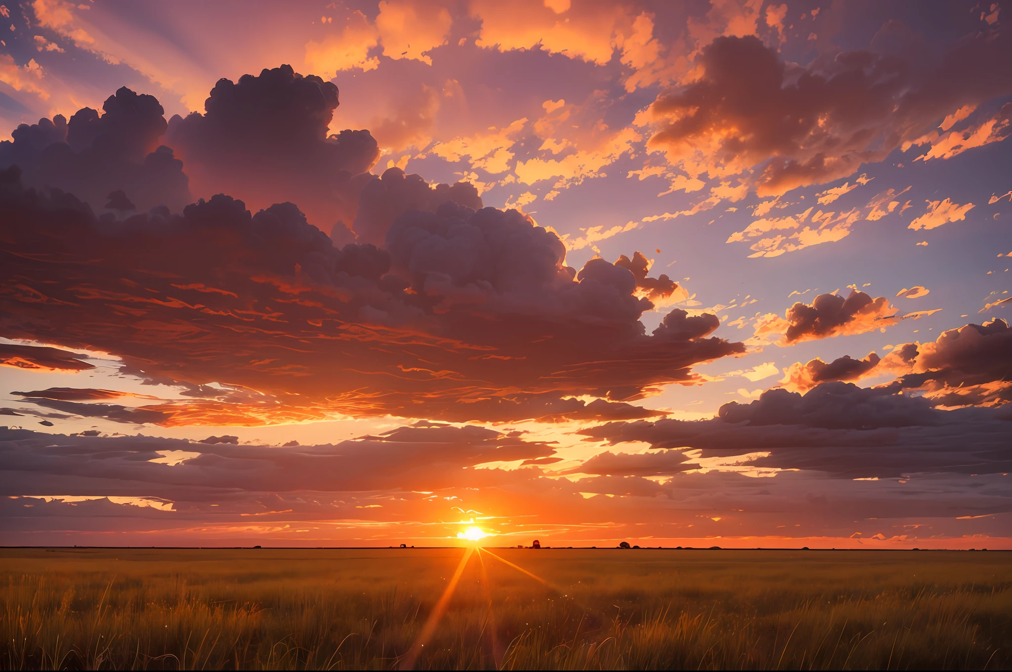 Steppe at sunset, sky burning clouds, sunset