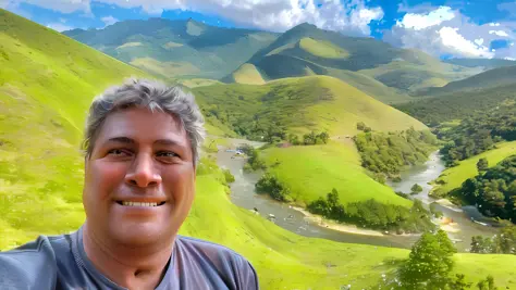 Arafed man standing in front of a valley with a river running through it, 8 k. view filling, selfie photography 8k, with radiant...