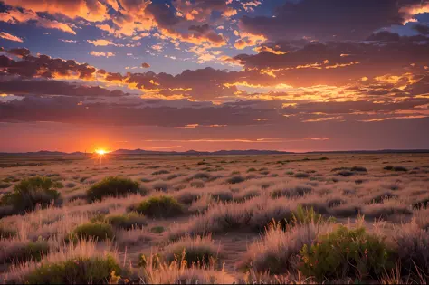 Steppe at sunset, sky burning clouds, sunset