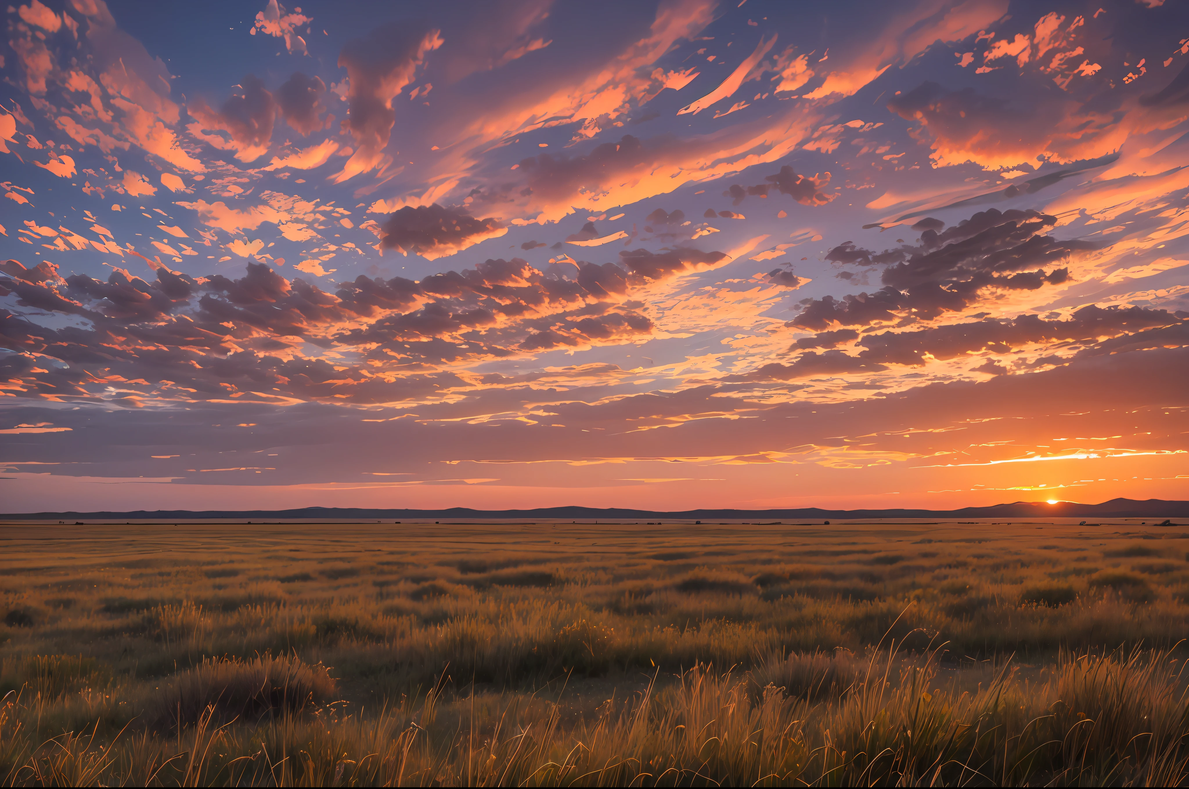 Steppe at sunset, sky burning clouds, sunset