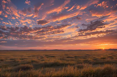 steppe at sunset, sky burning clouds, sunset