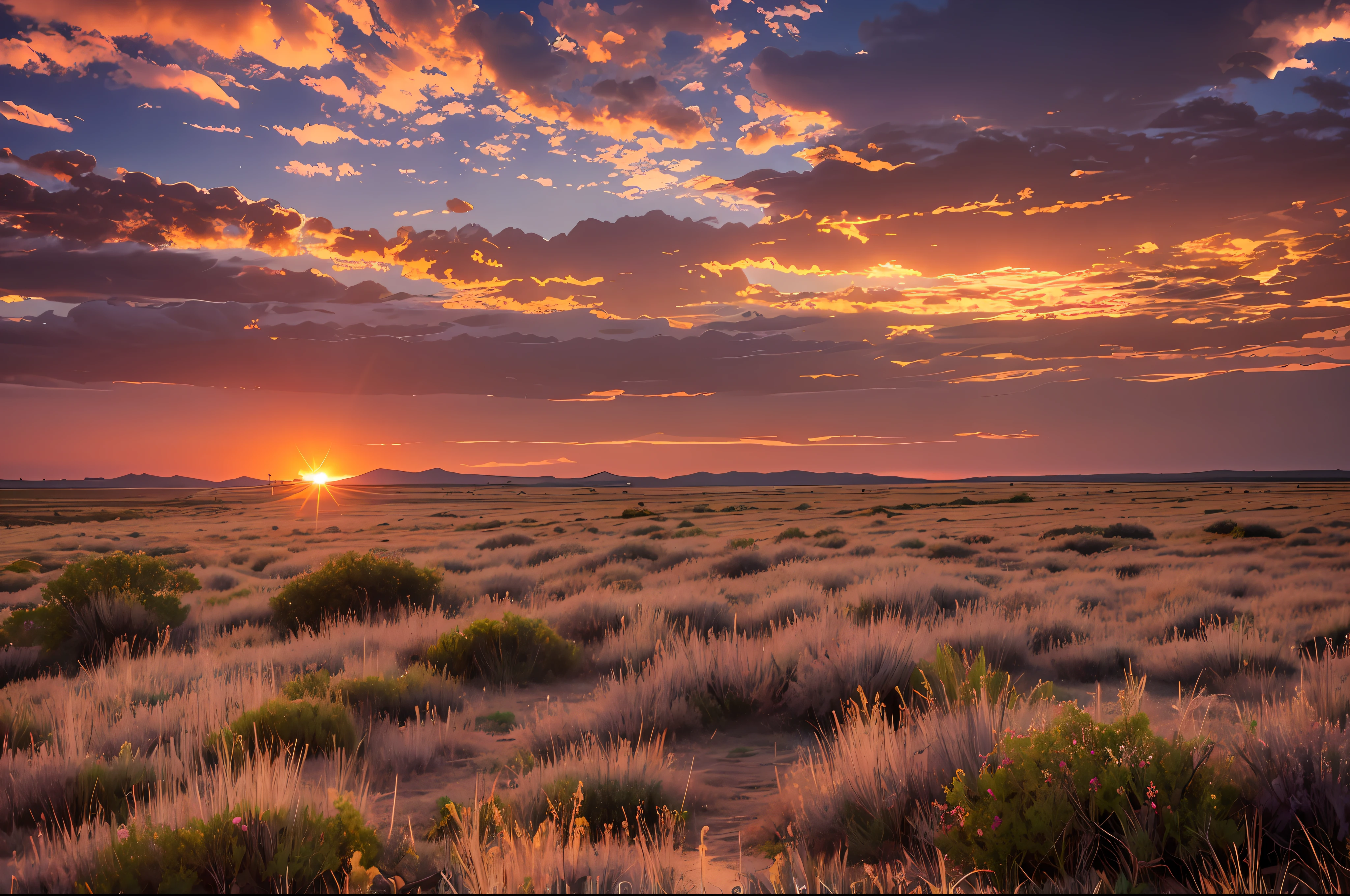 Steppe at coucher de soleil, ciel nuages brûlants, coucher de soleil