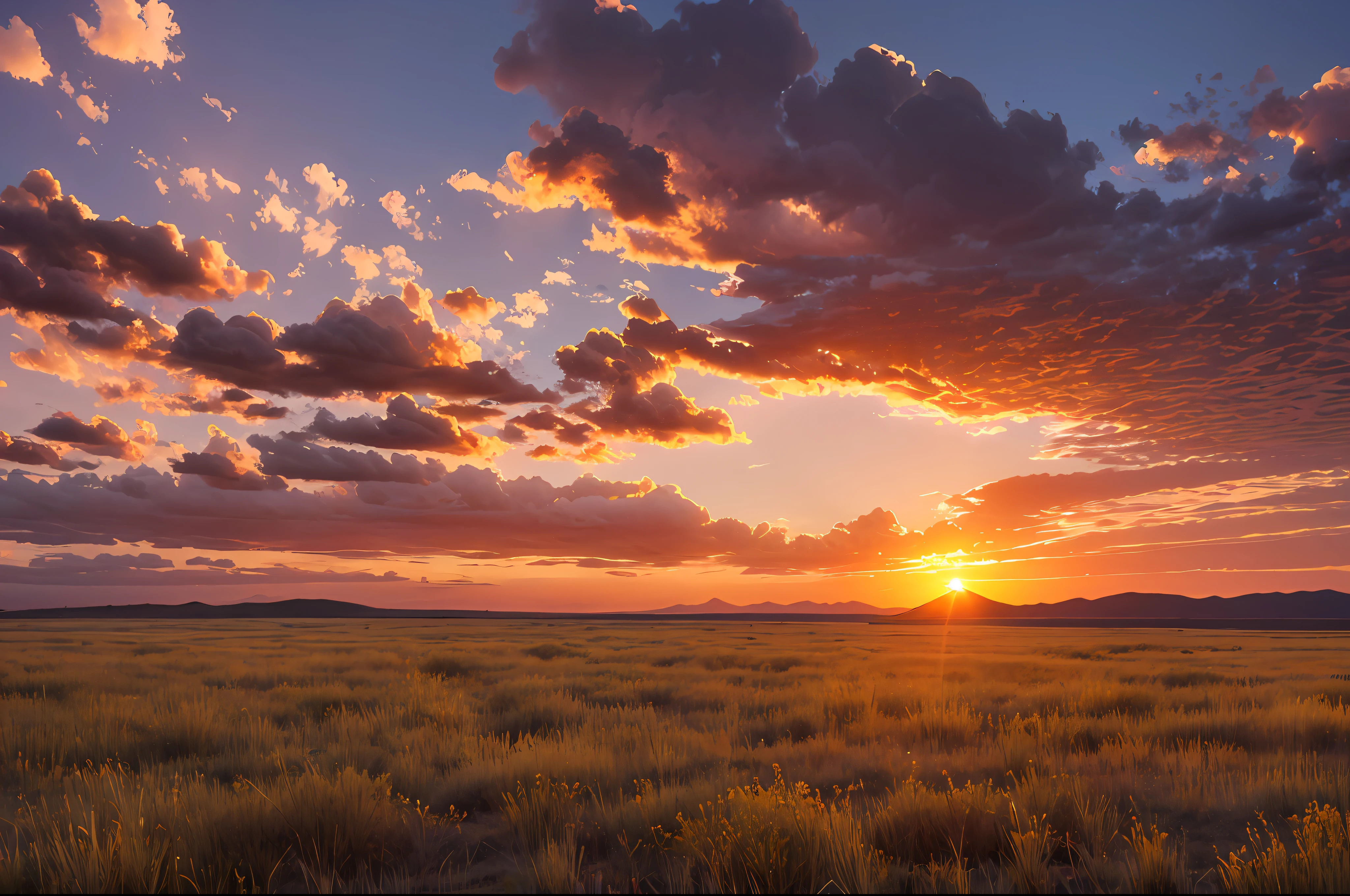 Steppe at coucher de soleil, ciel nuages brûlants, coucher de soleil