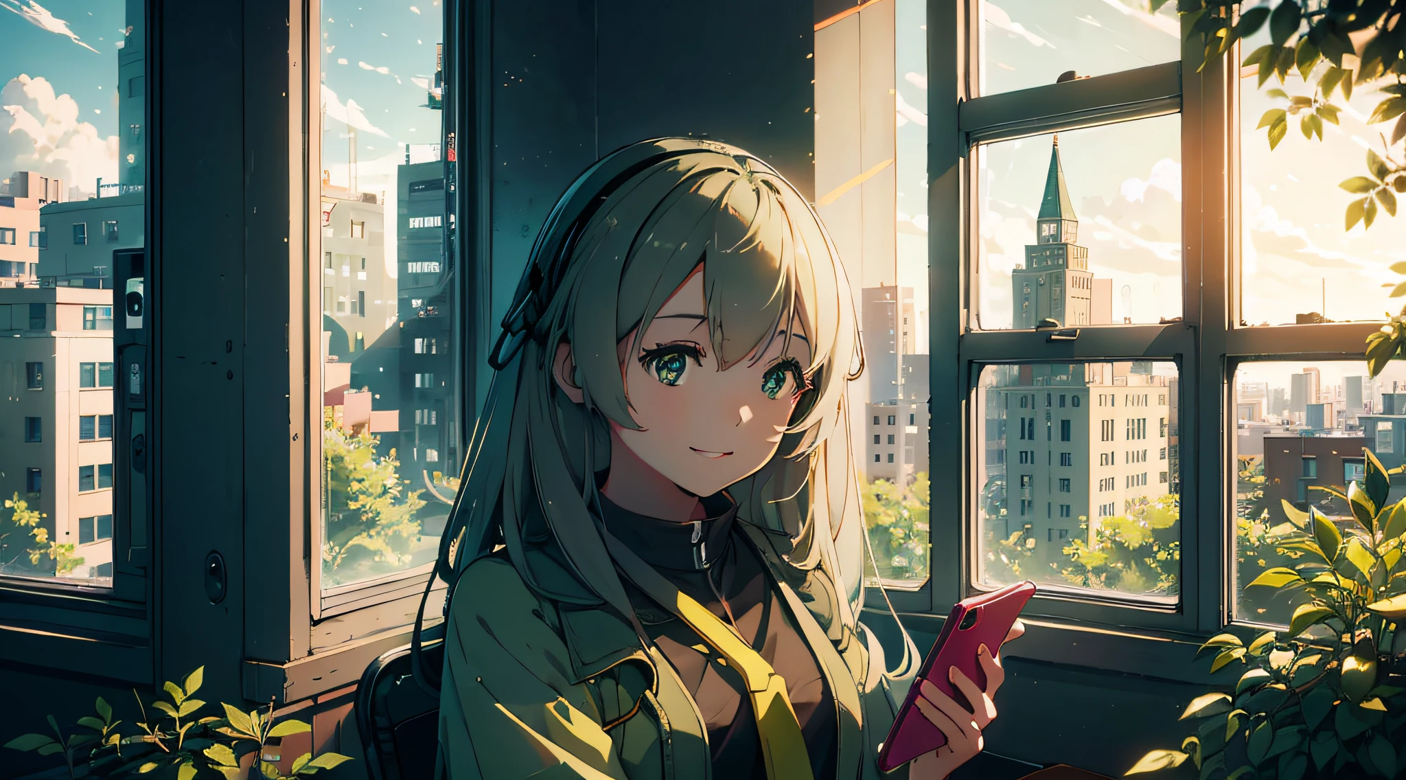 Clear and high-quality, depicting a young girl staring at her mobile phone in the classroom, looking focused, through the glass window you can see the green garden and buildings, the interior lighting is soft, highlighting the protagonist girl can still maintain curiosity even in such a difficult environment, the mobile phone screen is bright, reflecting the smile on the girl's face.