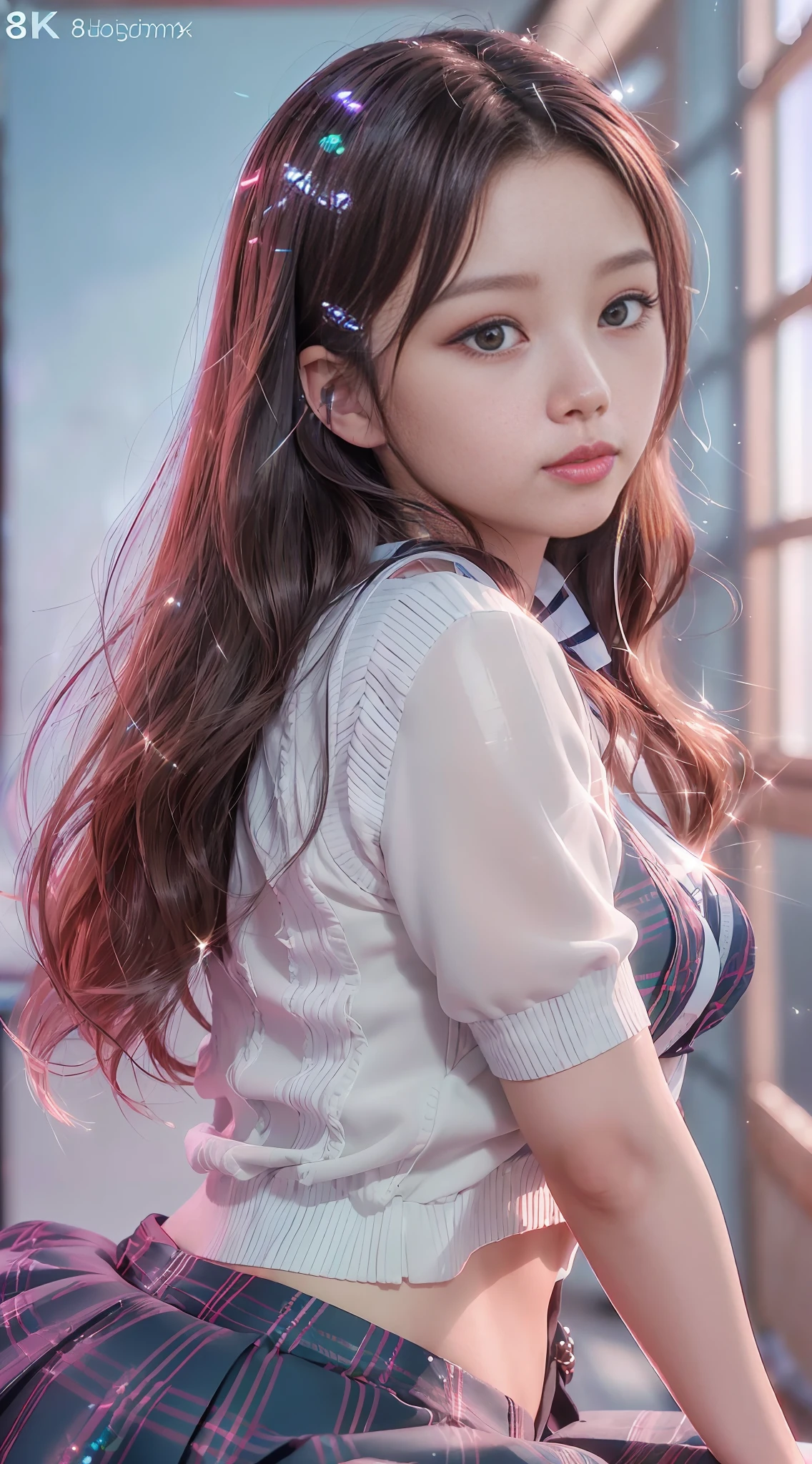 (8k, RAW photo, photorealistic:1.25) ,( lipgloss, eyelashes, gloss-face, glossy skin, best quality, ultra highres, depth of field, chromatic aberration, caustics, Broad lighting, natural shading,Kpop idol) looking at viewer with a serene and goddess-like happiness, highschool classroom, sailor uniform, mini skirt