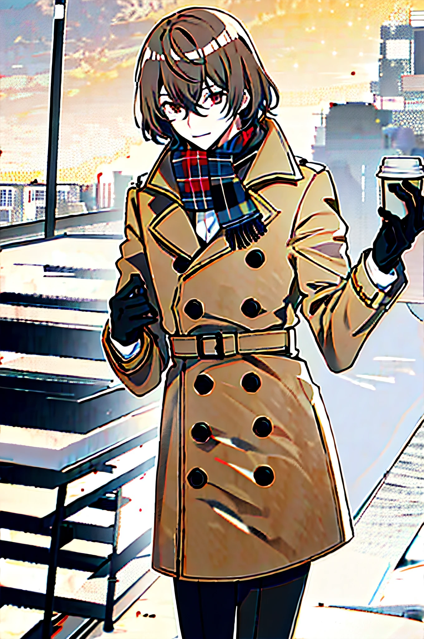 akechi gorou, winter outdoor, 1boy, solo, plaid scarf, black gloves, drinking coffee, content