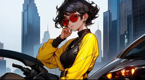 1girl, solo, black hair, short hair, curls, red eyes, indifferent emotion, black sweater, silver necklace, yellow sunglasses, yellow pants with black belt, night