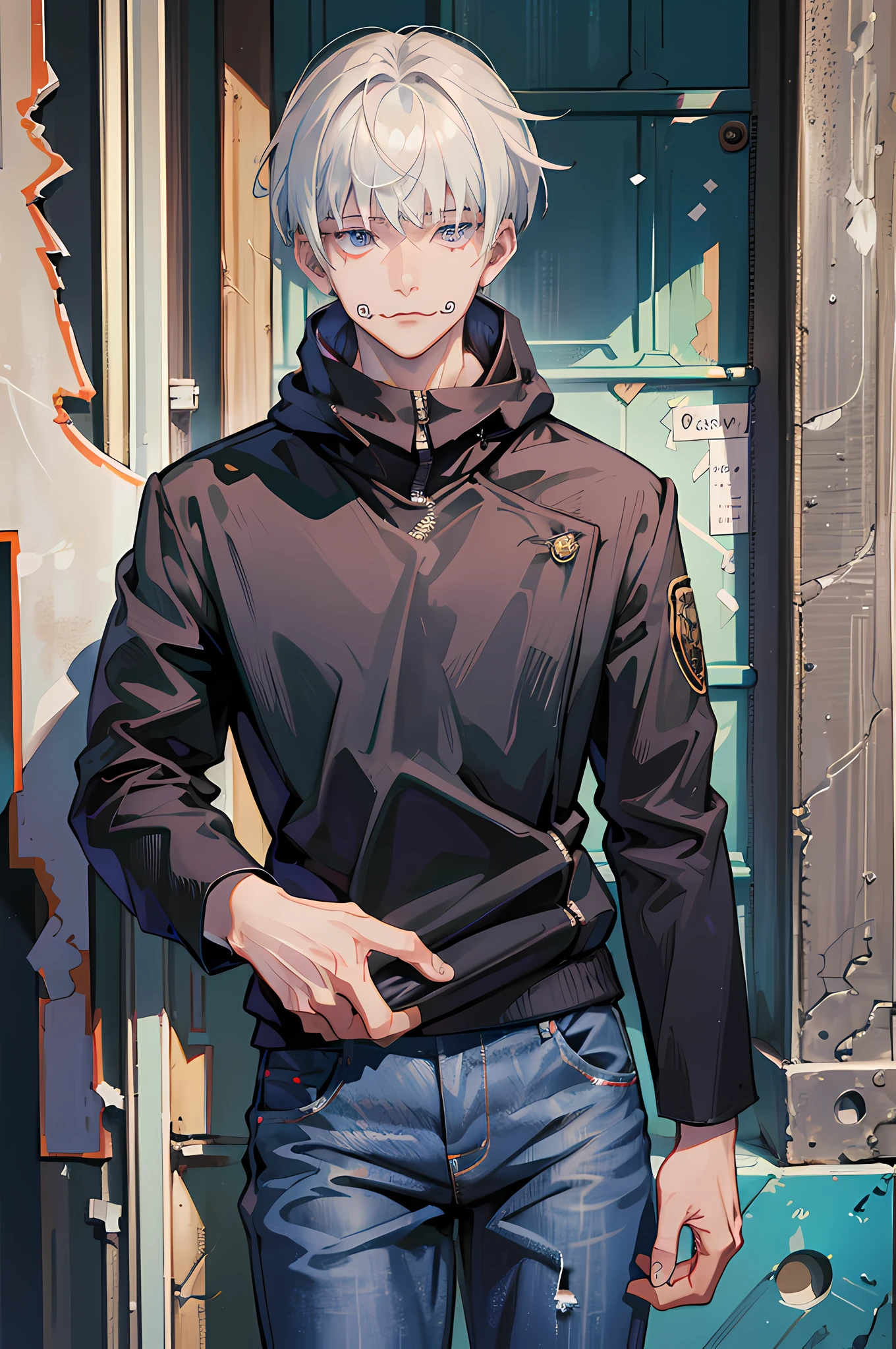 (absurdres, highres, ultra detailed, HDR), masterpiece, best quality, 1boy, solo, handsome, short hair, inumaki toge, facial tattoo, white hair, black jacket, jeans, closed mouth,