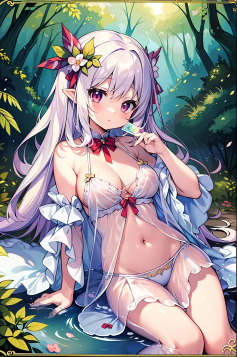 (MASTERPIECE), (Best Quality), (Ultra Detail), Official Art, One Girl, Light-Colored Hair Loli, Petite Girl, Fairy Loli, See-Through Robe, Small Breasts, Cleavage, Off Shoulder, Underboob, Side Boob, Thigh Focus, Navel Out, Card Illustration, Deep Forest F...