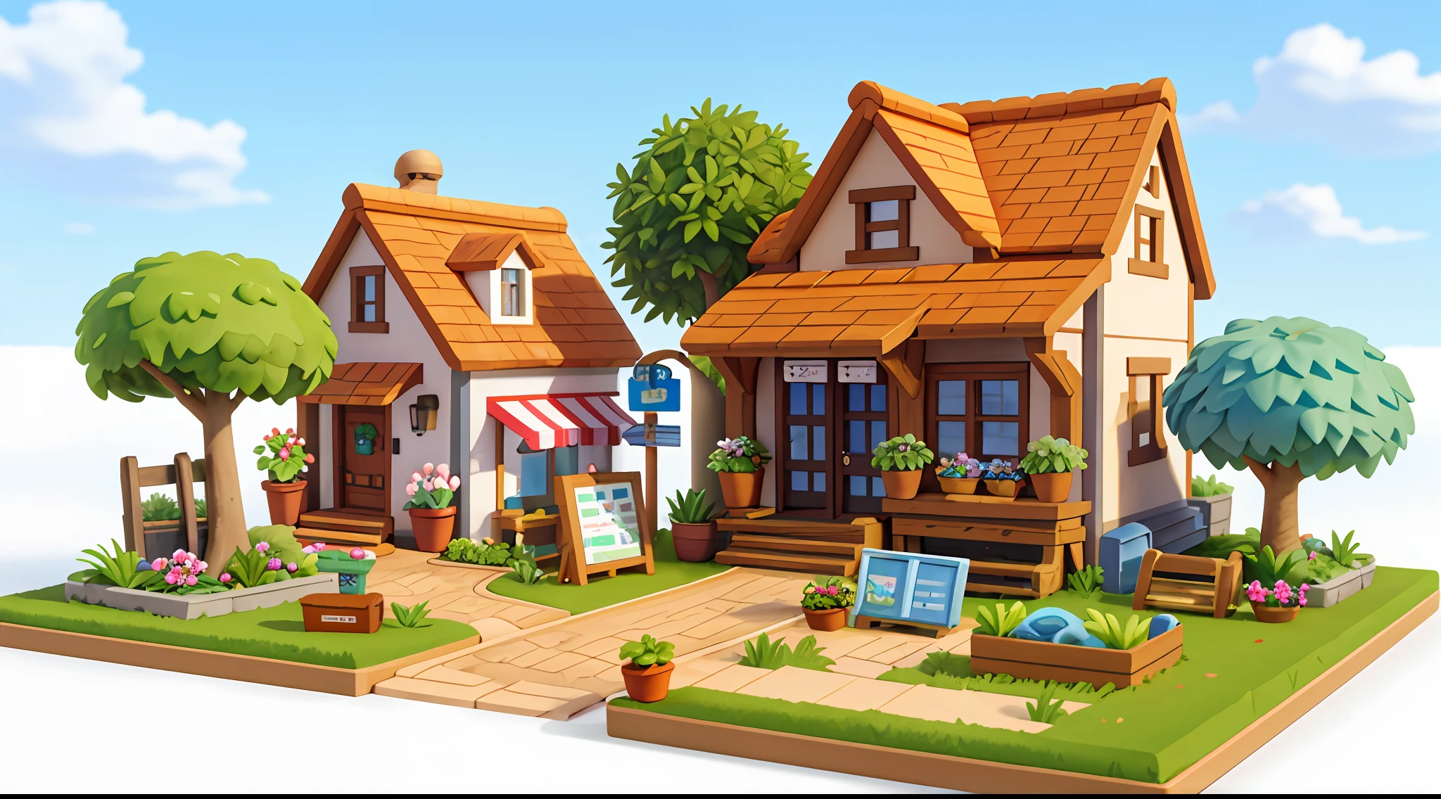 (Miniature cityscape), (Isometric:1), Cartoon style, (Sandbox game style), (White background), (superb detail), Florists, potted plants, flowers, grass, trees, shops, shops, signs, Lighting, Clear sky, Outdoors, Landscapes, Clouds, Sky,  Roads, Grass,, grass, 3D, 8k, HDR, high definition, film grain. Blue sky, white clouds, small trees, mailbox, stairs, clean background