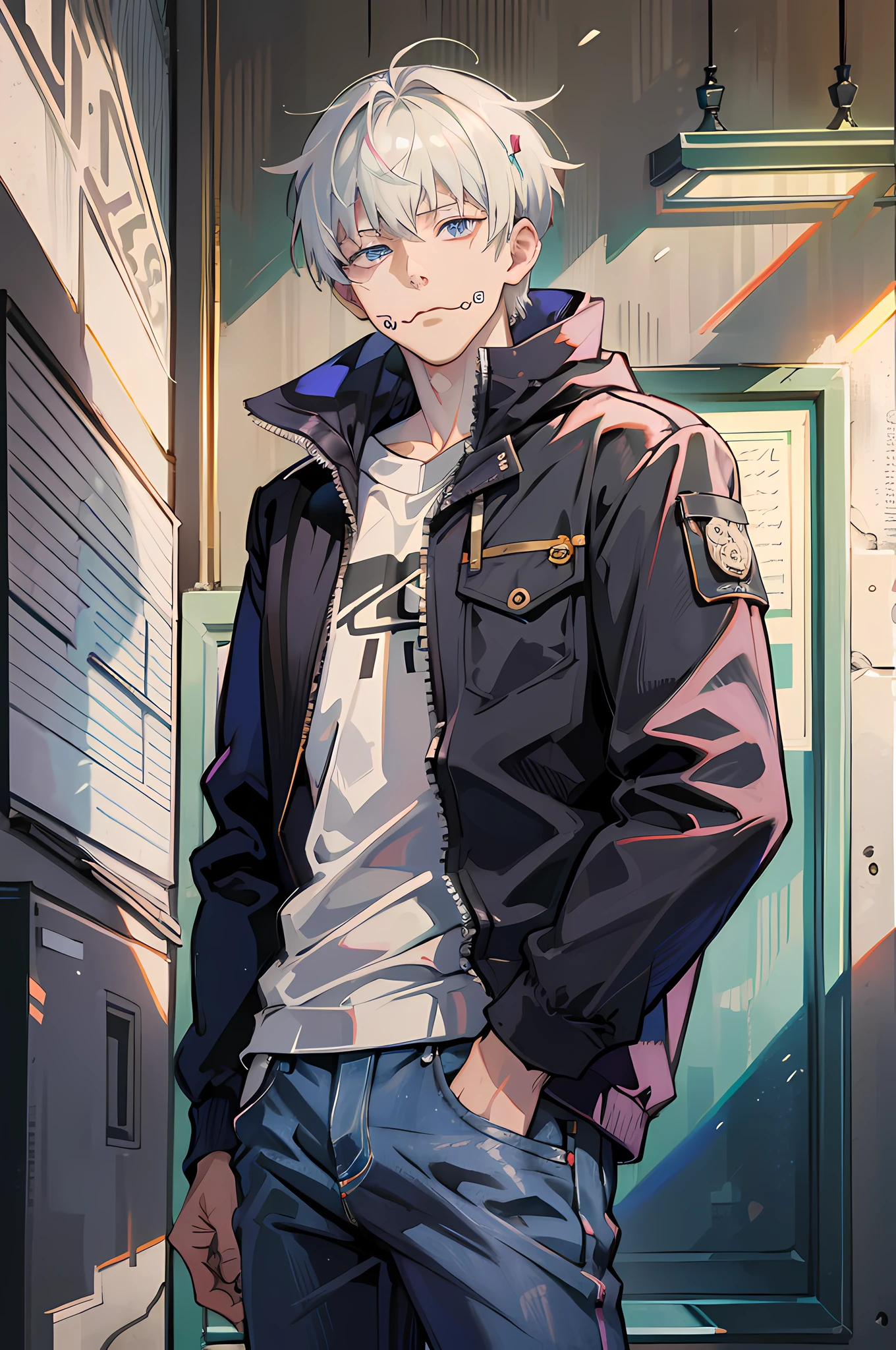 (absurdres, highres, ultra detailed, HDR), masterpiece, best quality, 1boy, solo, handsome, short hair, inumaki toge, facial tattoo, white hair, black jacket, jeans, closed mouth, pickpocket