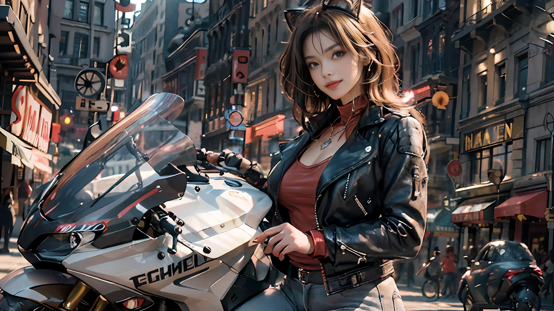 1girl, delicate and beautiful facial features, flower eye shadow and light makeup, exquisite jewelry and necklace, short delicate technology leather jacket on the upper body, delicate technical leather pants on the lower body, sitting on a red high-tech motorcycle, wearing a delicate red cat ear motorcycle helmet, smiling back, bare shoulders, showing the perfect curves and plump buttocks behind it, background special effects neon, colorful, colorful, highlighting motorcycles and girls, highest picture quality, masterpiece, high resolution, complex motorcycle details highlight future technology creation, facial features are clear and not blurred, normal human fingers,