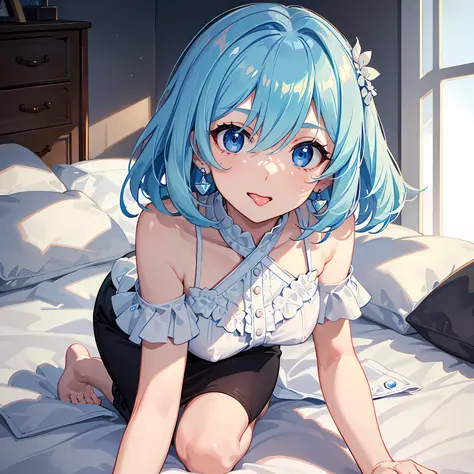 (((Masterpiece)))), (Best Quality))), Hi-Res, Front Angle, (Upper Body), Facing the Viewer, Standing, Crawling on all fours, ((Cute 1 Girl))), Solo, , White Skin, Small, Octocrad, (Light blue hair), ((Very short hair)), Crisp bangs, Beautiful hair, Blue ey...