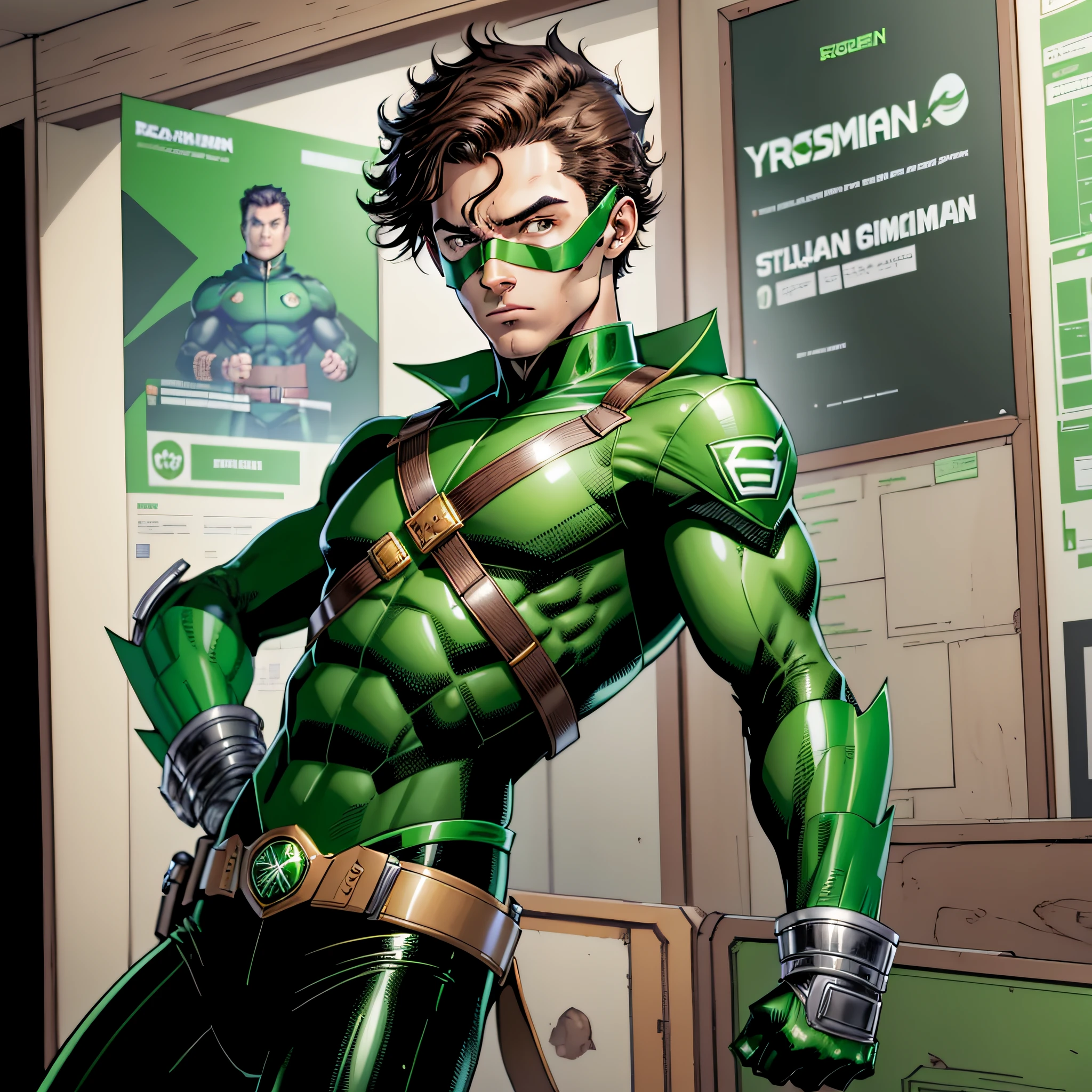 young 14 years old, brown hair, wears a green mask I his face, green uniform,black long sleeve,green gloves,black belt,green pants,robin-based uniform,full body character,detailed,reference sheet,T pose,white background --seed3814226243