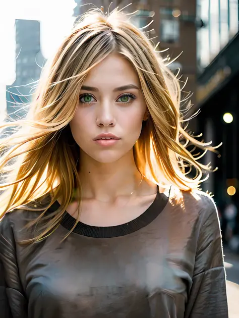 portrait of a stunning beautiful sexy woman in a city environment, messy windy light blonde hair, flipping hair, green eyes, symmetrical face, dramatic lighting, Chaotic atmosphere, sharp eyes, (extreme skin details) ultra realistic, rule of thirds, dramat...