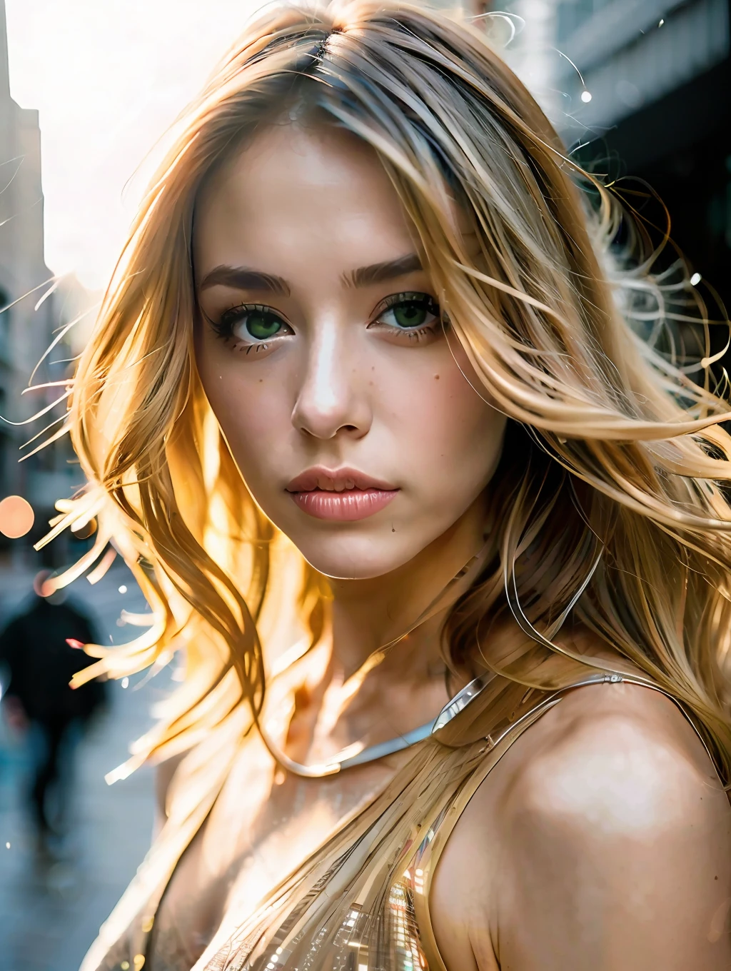 portrait of a stunning beautiful sexy woman in a city environment, messy windy light blonde hair, flipping hair, green eyes, symmetrical face, dramatic lighting, Chaotic atmosphere, sharp eyes, (extreme skin details) ultra realistic, rule of thirds, dramatic overhead lighting, detailed face, cute, shallow depth of field, intricate details, gold rays,