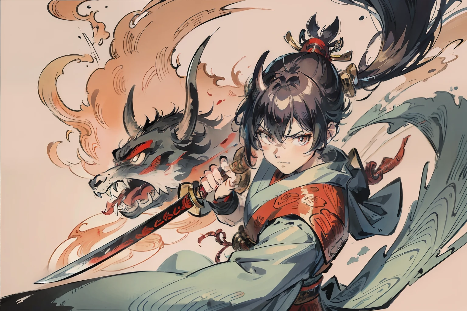 Anime - style illustration of a woman with a sword and a dragon - SeaArt AI