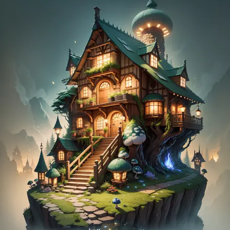 Big Mushroom House, Fairy Tale，Night, Lights, Magic，Realistic illustration，a magical mountain village, concept art, 2d flat vector, Ghibli style, t-shirts design, comic style, charming, fantasy art, watercolor effect, Adobe Illustrator, hand-drawn, zoom ou...