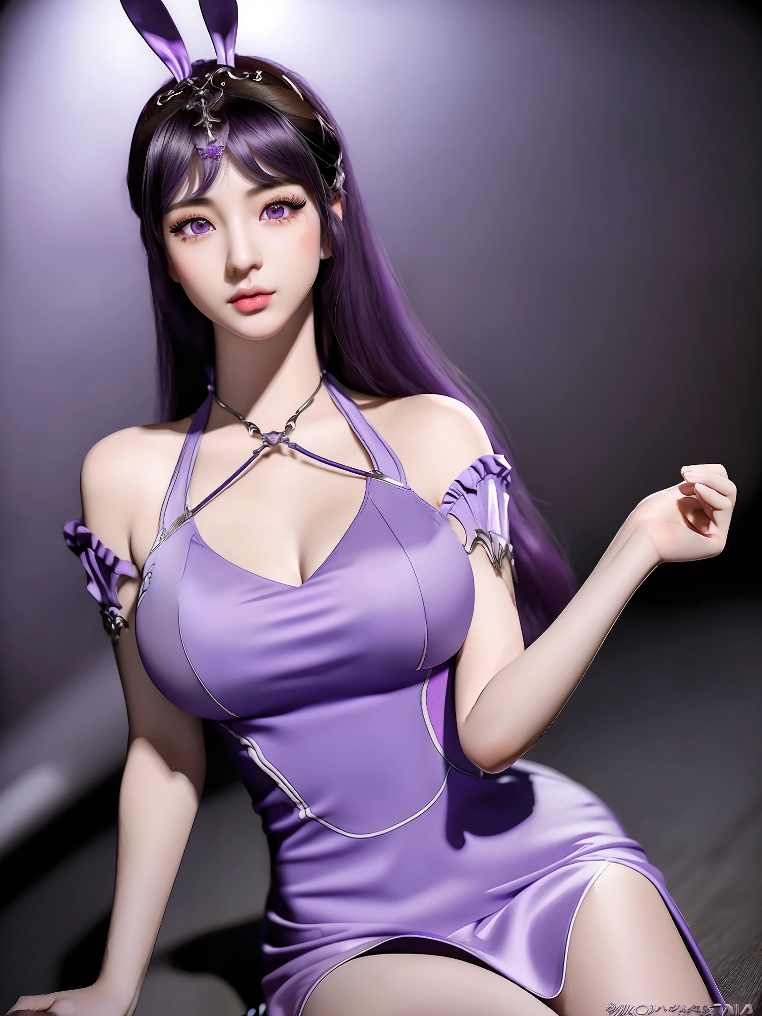 xiaowu, ({1girl, solo}:2), mature female, masterpiece, mistress, goddess, rabbit ears, sitting, ring, tight clothes, tight dress, (no bra), ({masterpiece, best quality, realistic, photography, Nikon, 85mm, real life, sharp focus, 8k, high resolution, ultra-detailed}:1.4), (clarity:1.1), ({extremely detailed realistic hair, beautiful realistic hairstyle, realistic dark purple hair}:1.3), ({beautiful realistic face, extremely detailed realistic face}:1.3), ({realistic purple eyes, extremely detailed realistic eyes, perfect eyes|extremely detailed realistic pupils, extremely detailed realistic eyelashes}:1.5), ({realistic lips, beautiful realistic lips}:1.3), ({proportional anatomy, upper body from head to thighs, slender abs}:1.5), ({proportional realistic breasts, realistic medium breasts}:1.3),