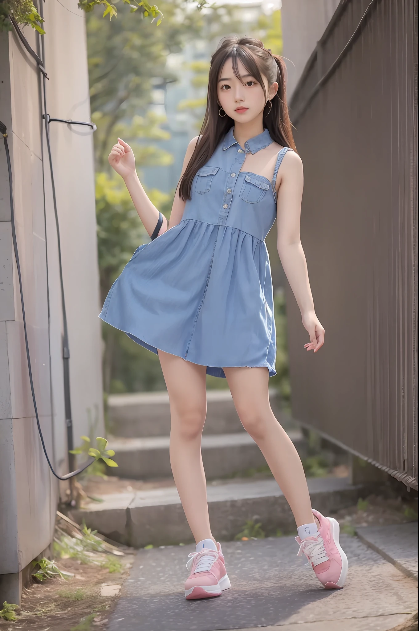 arafed asian girl in a denim dress and pink sneakers posing for a picture,  full body cute young lady, photo of slim girl model, wearing in a summer  dress, girl standing 