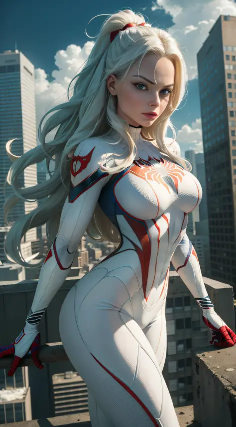 Margot Robbie (Masterpiece, 4k resolution, ultra-realistic, very detailed), (White superhero theme, charismatic, there's a girl at the top of town, wearing Spider-Man costume, she's a superhero), [ (25 years), (long white hair:1.2), full body, (blue eyes:1...