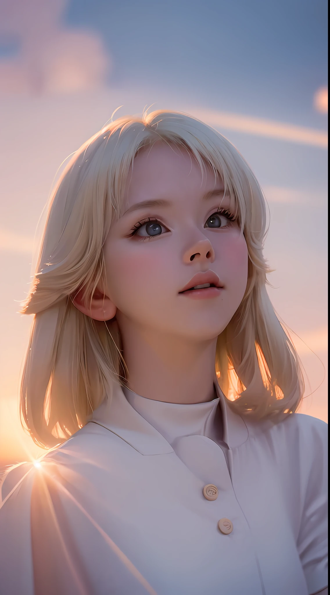 masterpiece, best quality, movie still, 1girl, cloud girl, floating in the sky, close-up, bright, happy, warm soft lighting, sunset, (sparks:0.7)